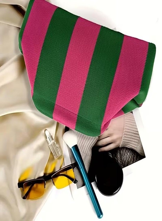 كون حقيبة يد نسائية من Kawn® بتصميم كروشيه مخطط | حقيبة كتف منسوجة يدوياً | حقيبة يد أنيقة بتصميم مميز وقفل كبس، مناسبة للاستخدام اليومي والنزهات - Image 3